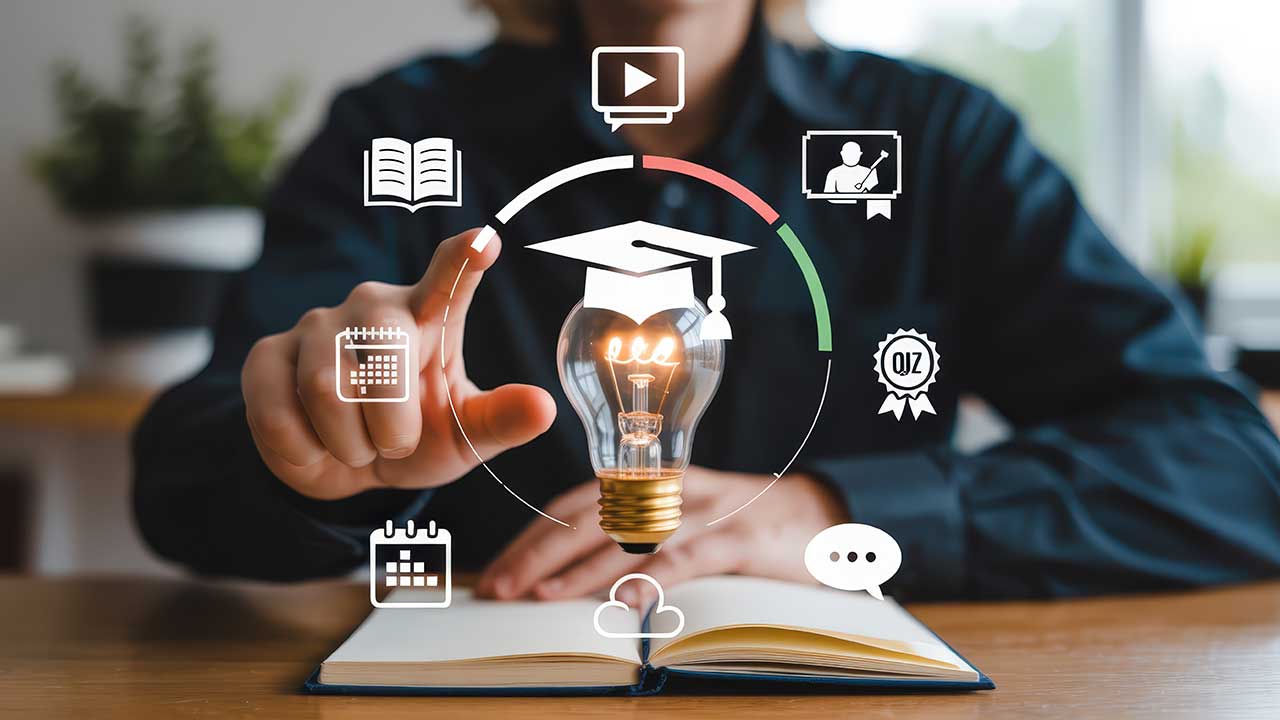Eine Person interagiert mit digitalen Symbolen, die verschiedene Aspekte der digitalen Bildung und Lernzyklen darstellen